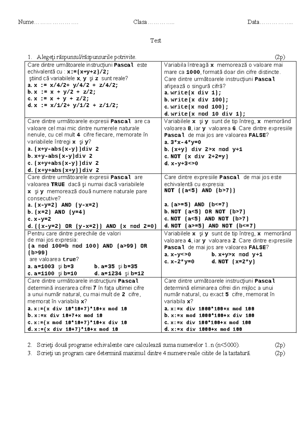Test pascal expresii logice - Nume...................... Clasa ...