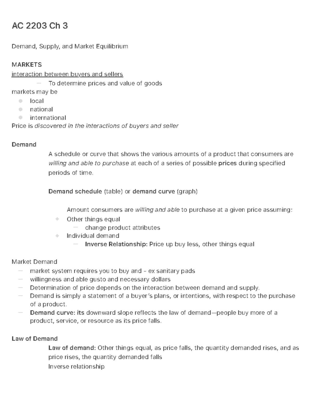 AC 2203 Ch 3 - Demand, Supply, and Market Equilibrium Lecture Notes ...