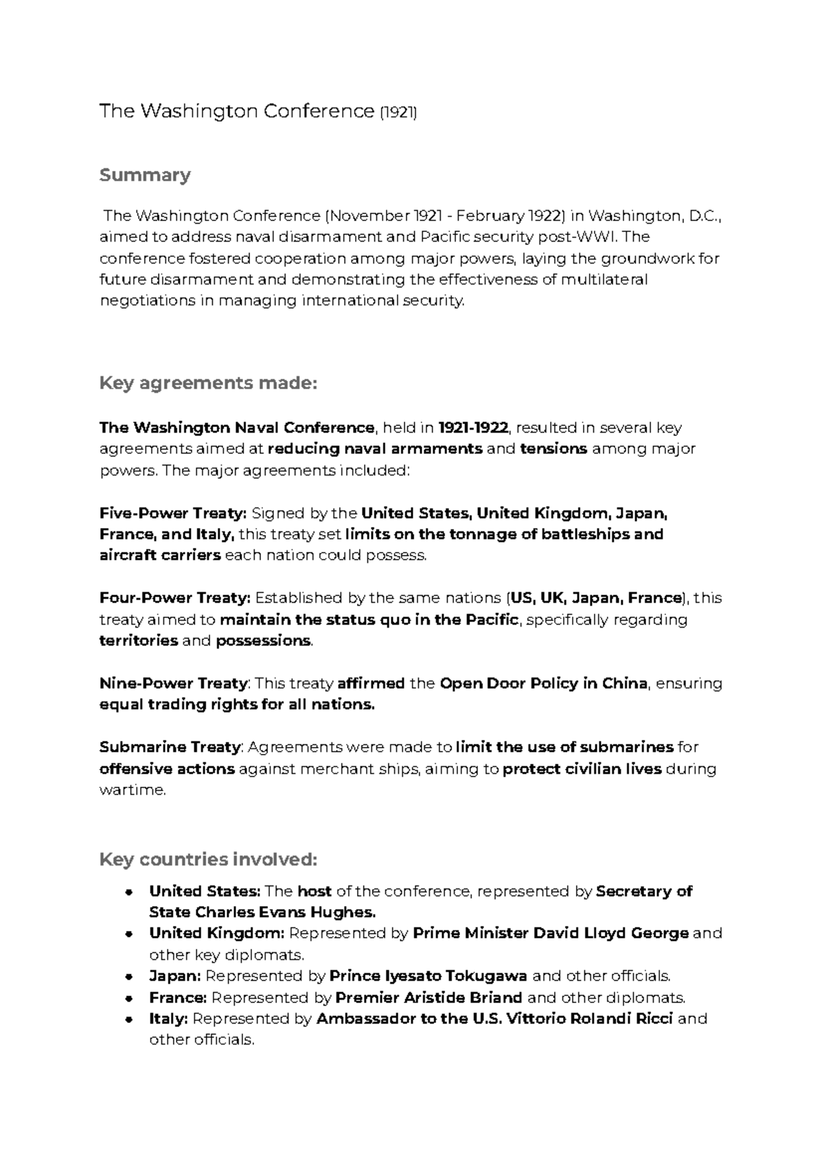 Washington Conference (1921) Overview: Naval Disarmament & Peace - Studocu