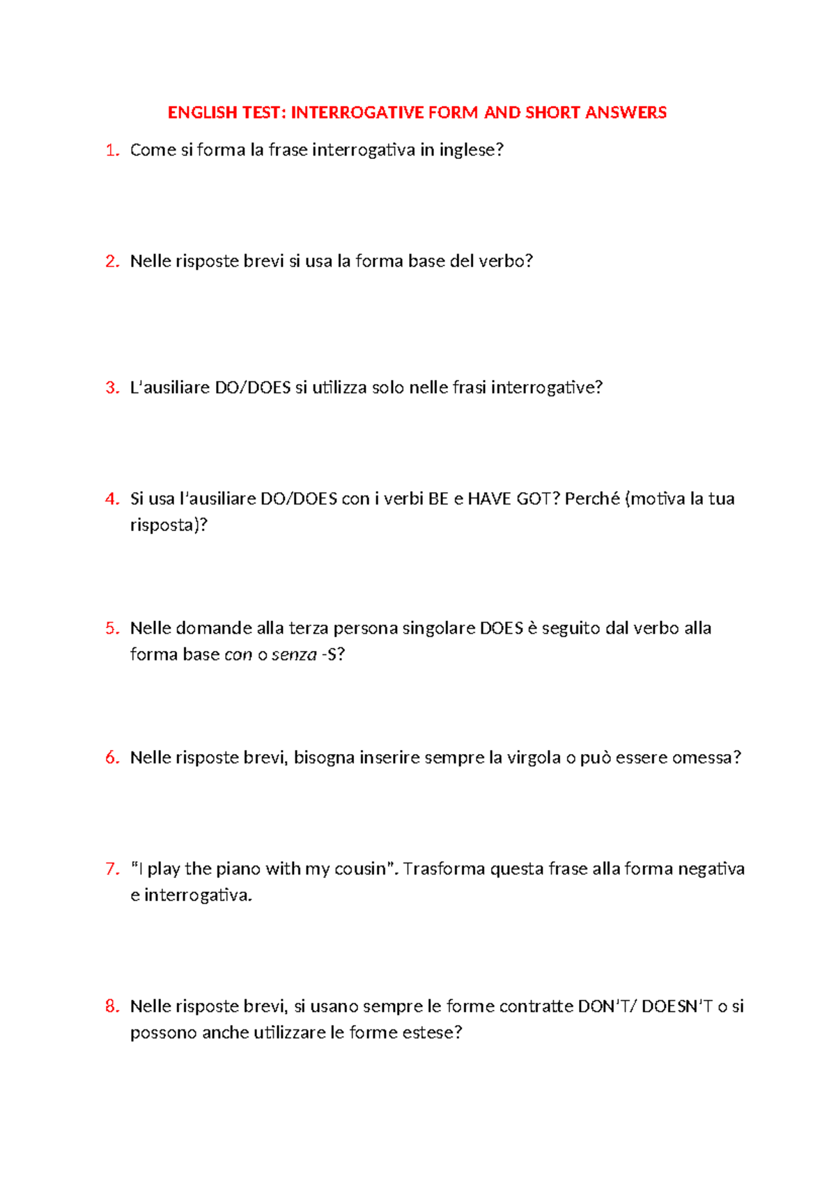 ENGLISH TEST: INTERROGATIVE FORM & SHORT ANSWERS - Studocu