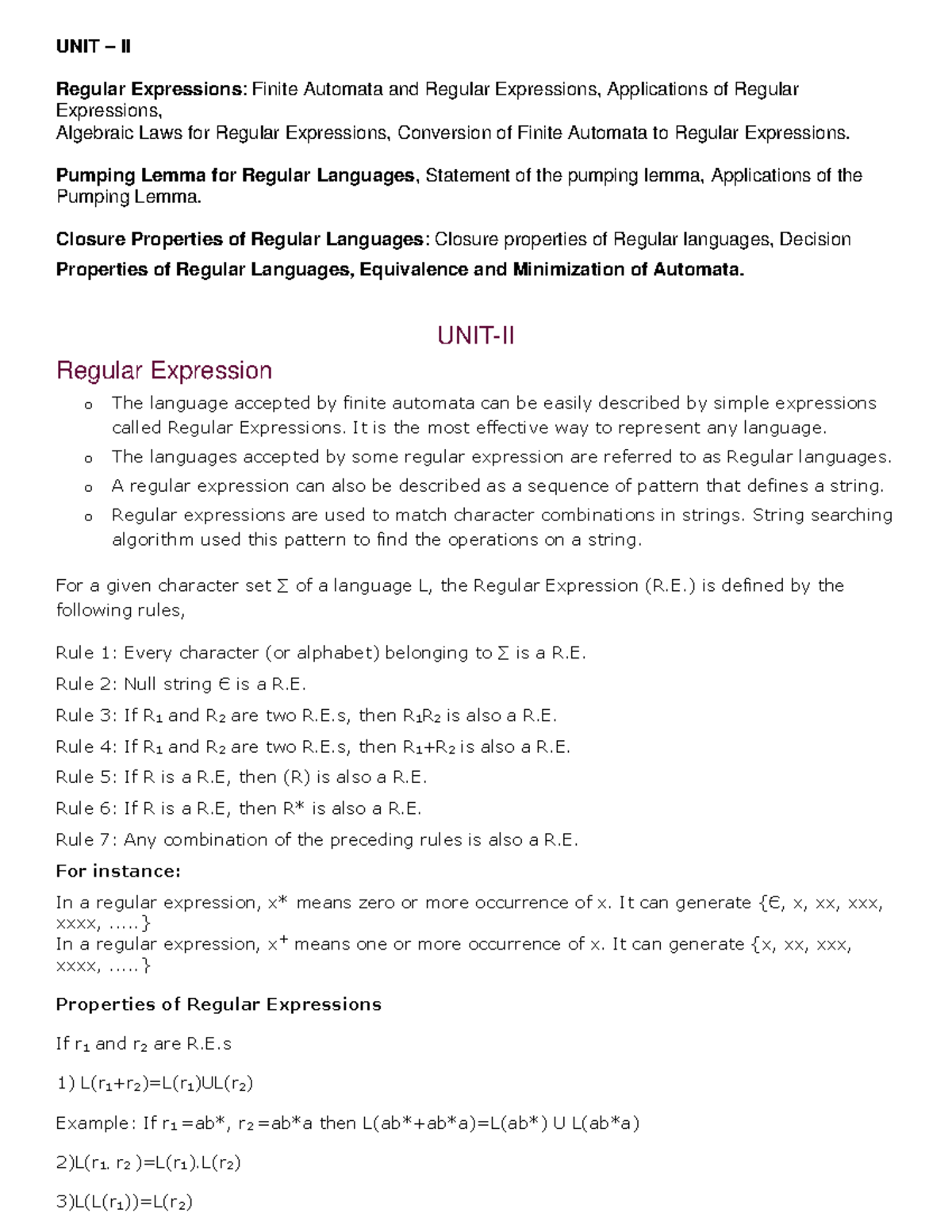 FLAT CS101 UNIT II: Regular Expressions & Finite Automata Concepts ...