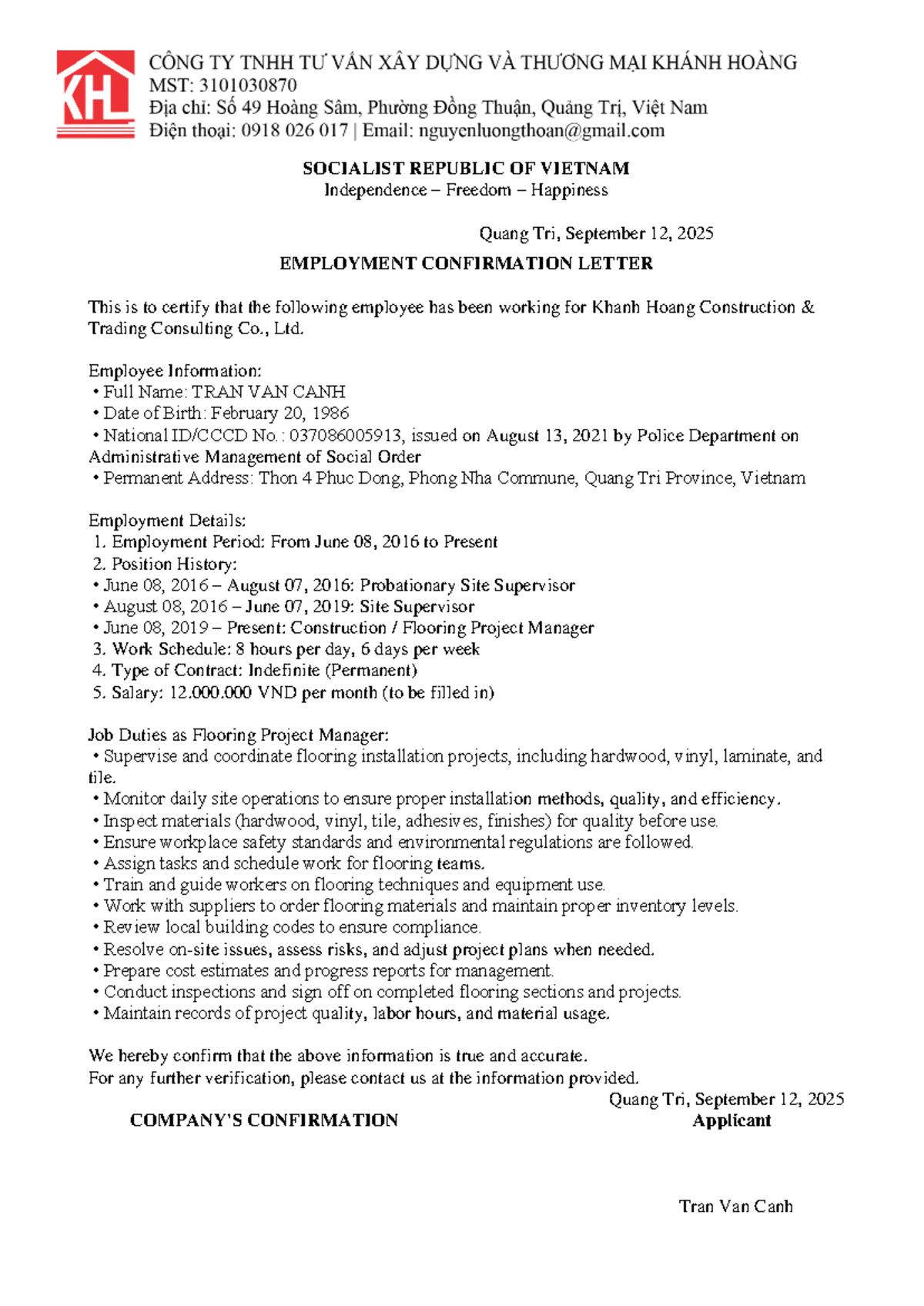 C2 - Employment Confirmation Letter for Tran Van Canh - Studocu