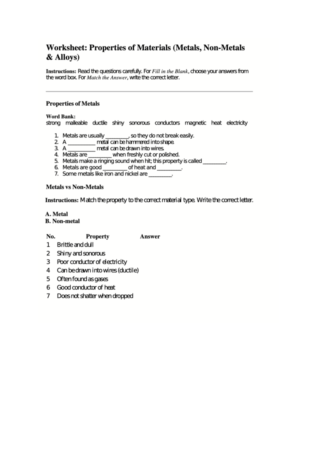 Worksheet: Properties of Metals and Alloys (Materials) - Studocu