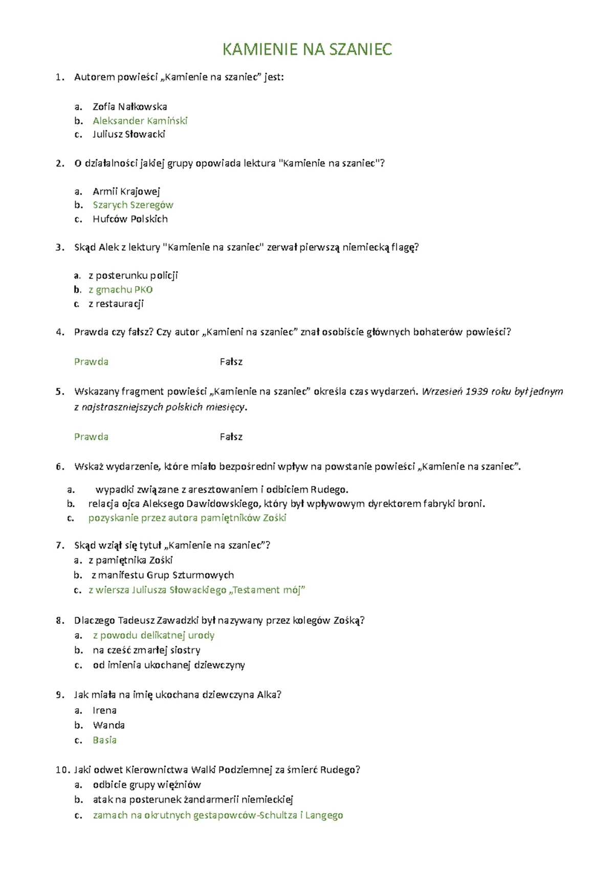 Test Ze Znajomości Lektury Kamienie Na Szaniec www.studocu.com