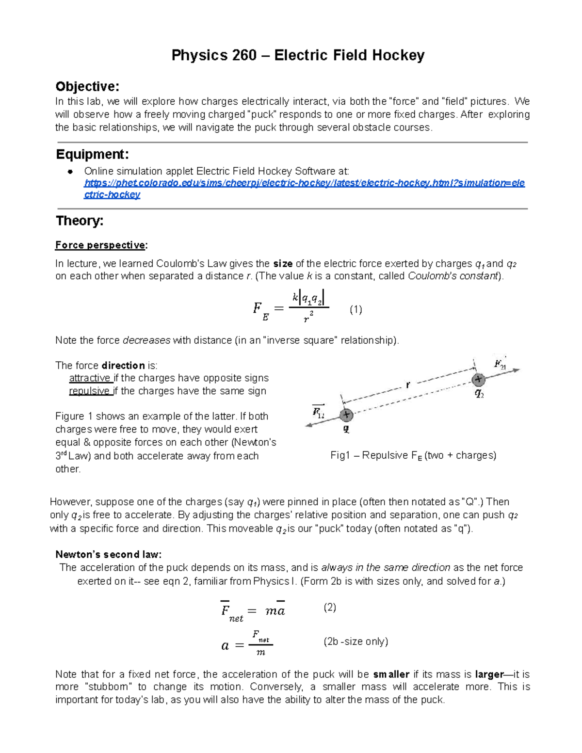Physics 260 Electric Field Hockey Lab: Exploring Charge Interactions ...