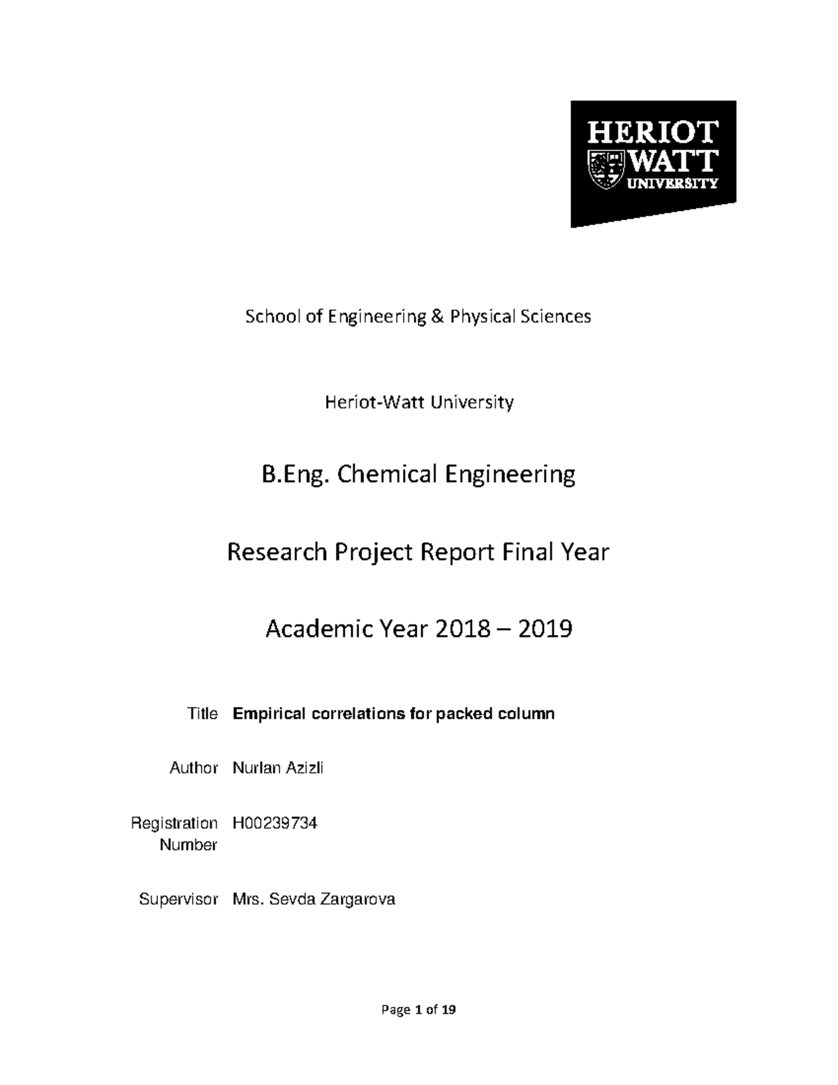 B.Eng. Chemical Engineering Final Year Research Project: Pressure Drop ...