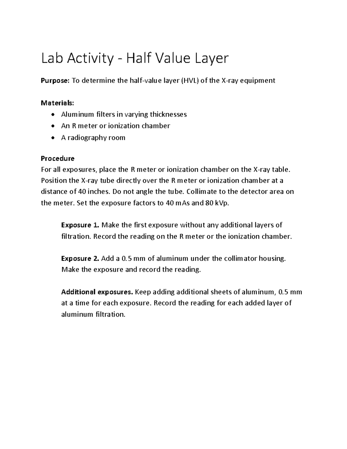 Half Value Layer - got an a - Lab Activity - Half Value Layer Purpose ...