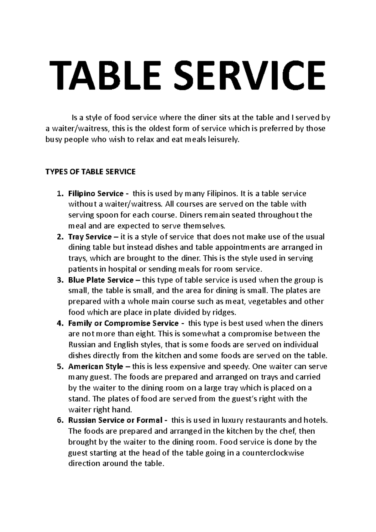 Grade 12 Table Service: Exploring Types and Techniques - Studocu