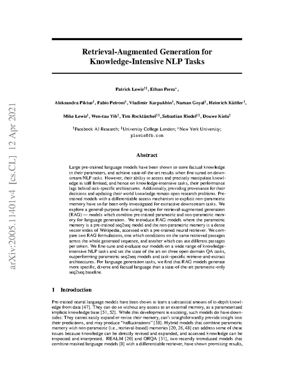 Retrieval-Augmented Generation for Knowledge-Intensive NLP Tasks (CS ...