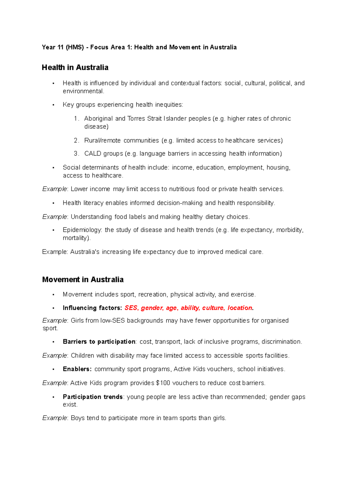 Year 11 (HMS) Study Notes: Health and Movement in Australia - Studocu