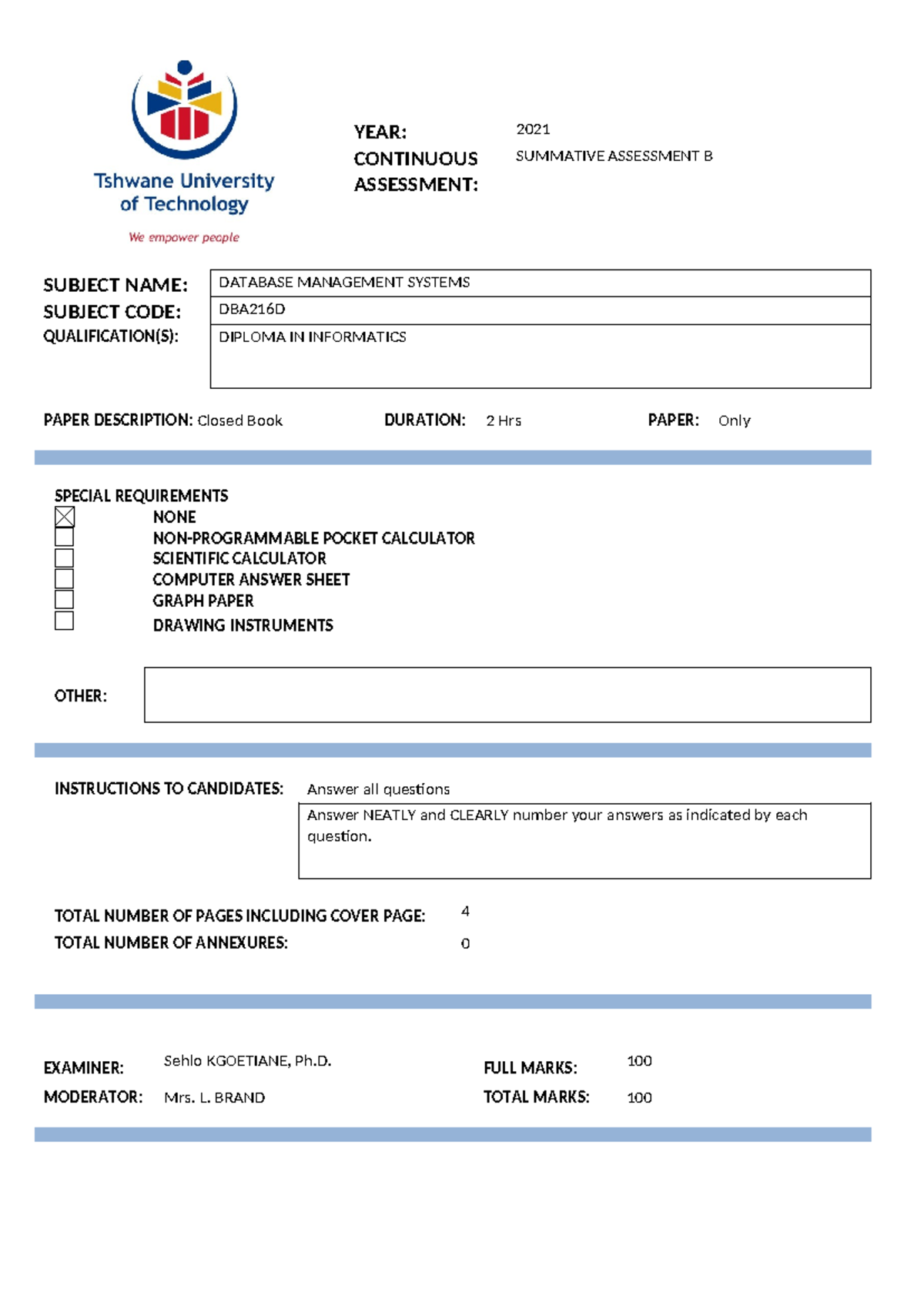 DBA216D - Summative Assessment B: Database Management Systems Exam ...