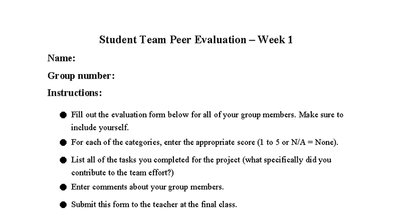 Peer Evaluation Form for Group Project - Week 1 - Studocu