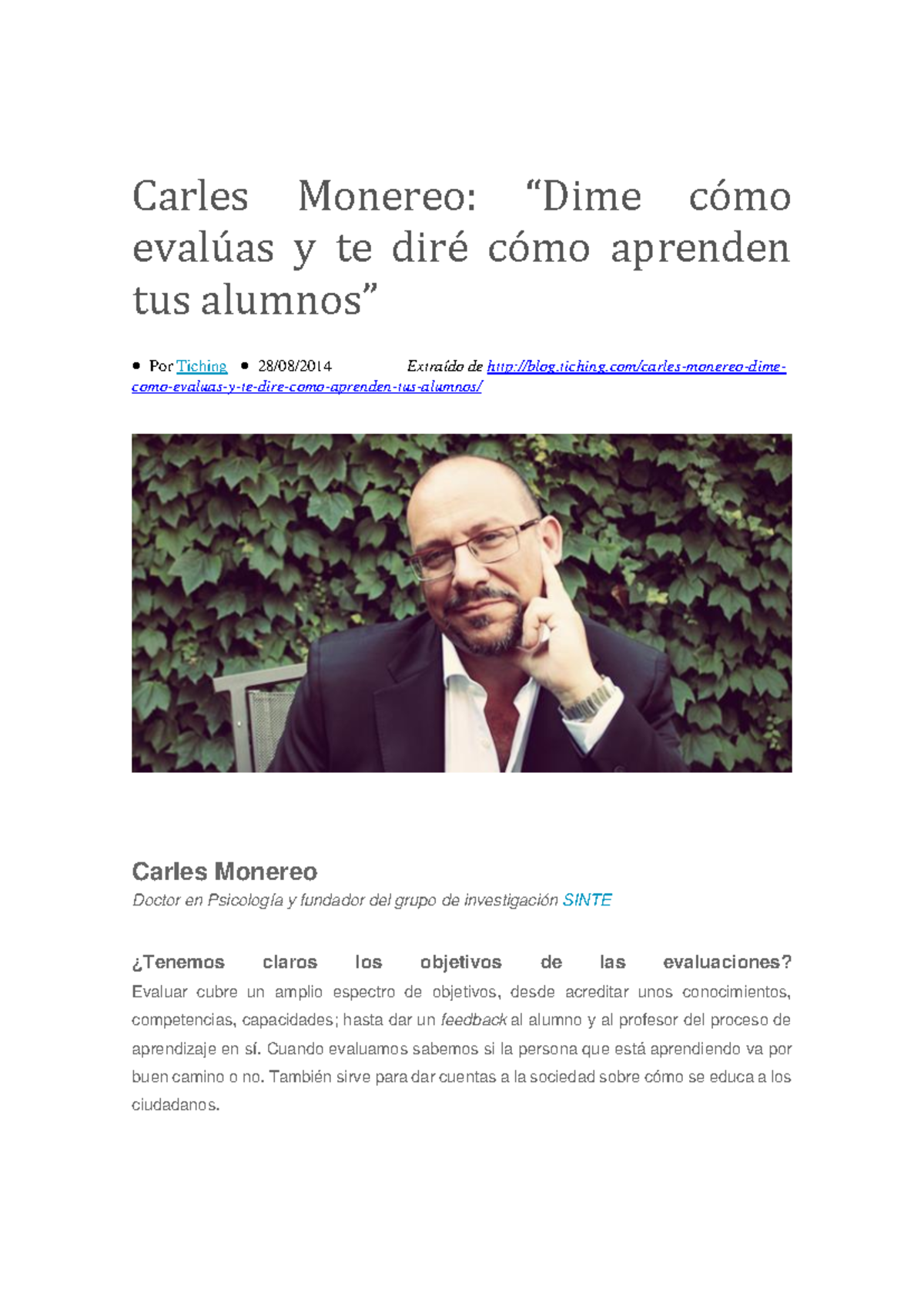 Evaluación y Aprendizaje según Carles Monereo - Reflexiones y Propuestas -  Studocu