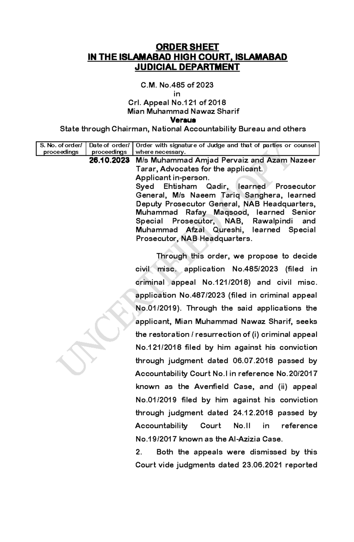 C.M. No.485 of 2023: Order Sheet in Islamabad High Court Proceedings ...
