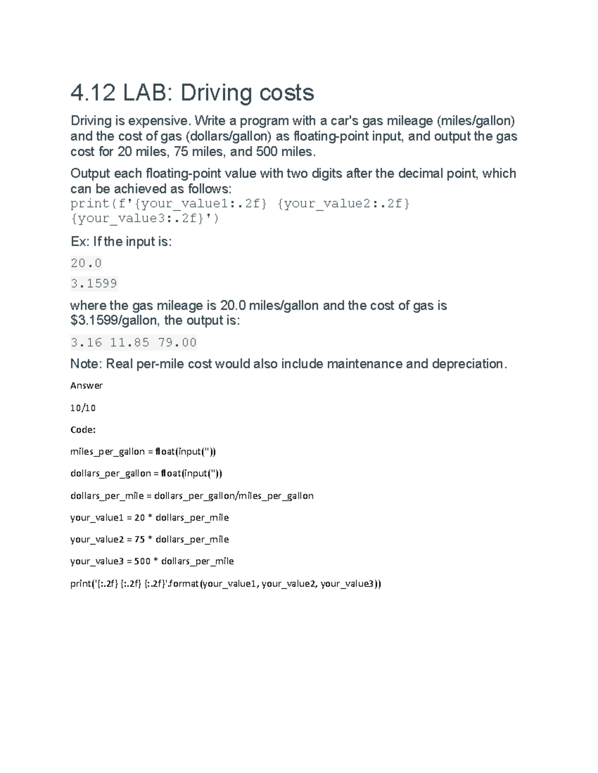 Section 4.12 is a part of 1 assignment - 4 LAB: Driving costs Driving ...