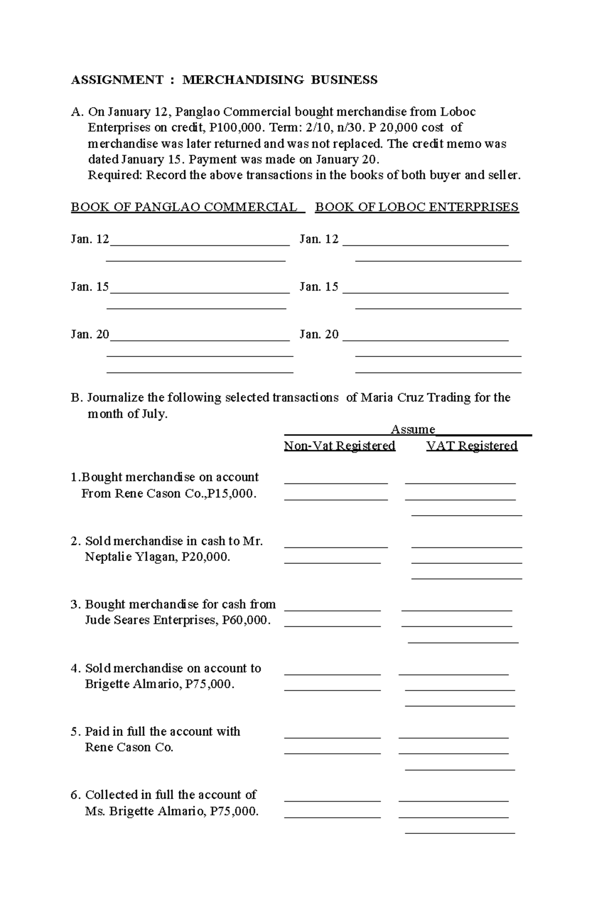 Merchandising Business Exercises and Problems - Assignment Notes - Studocu