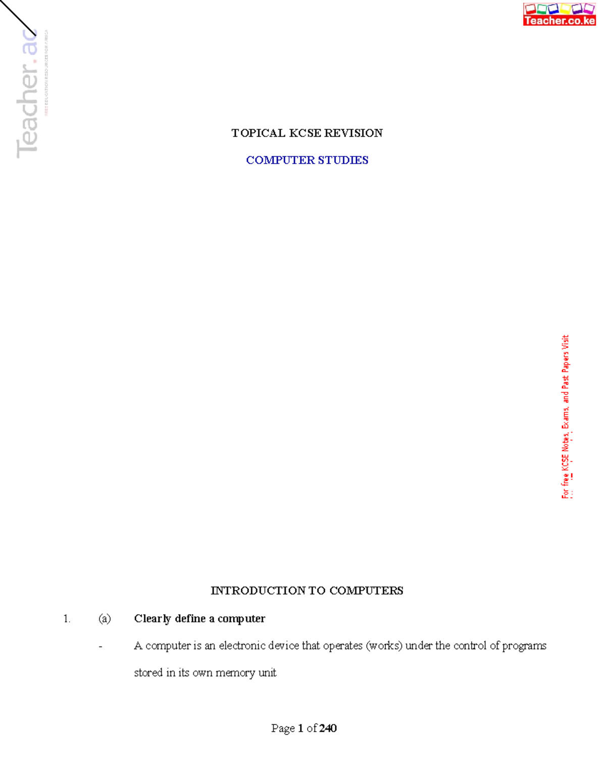 KCSE Computer Studies Revision: Topical Questions and Answers - Studocu