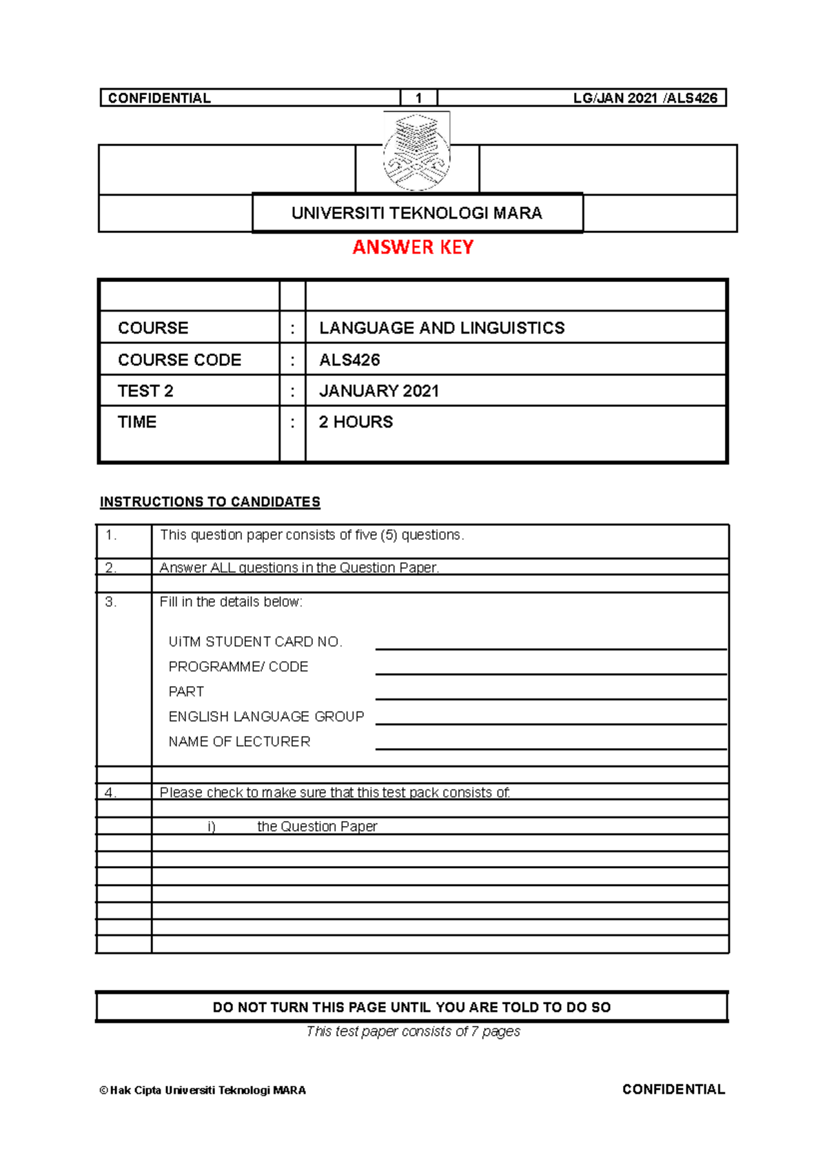 Answer key als jan 2021 - UNIVERSITI TEKNOLOGI MARA ANSWER KEY COURSE ...