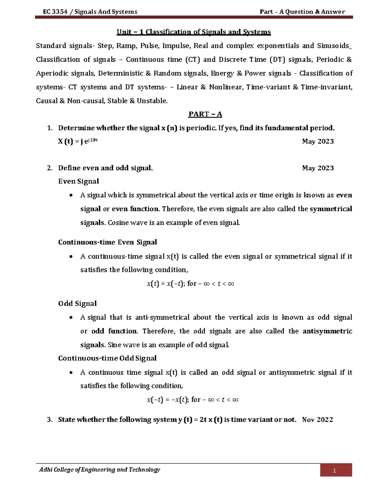 SS UNIT-1 Material - SHORT NOTES - EC3354 Signals and Systems Course ...