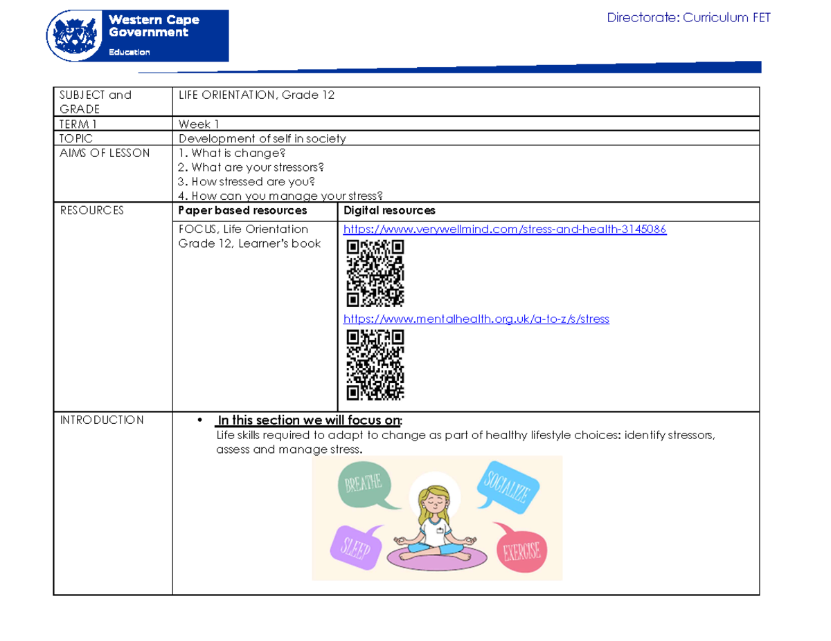 Gr 12 LO T1 Wk 1 - Managing Stress & Personal Development Notes - Studocu