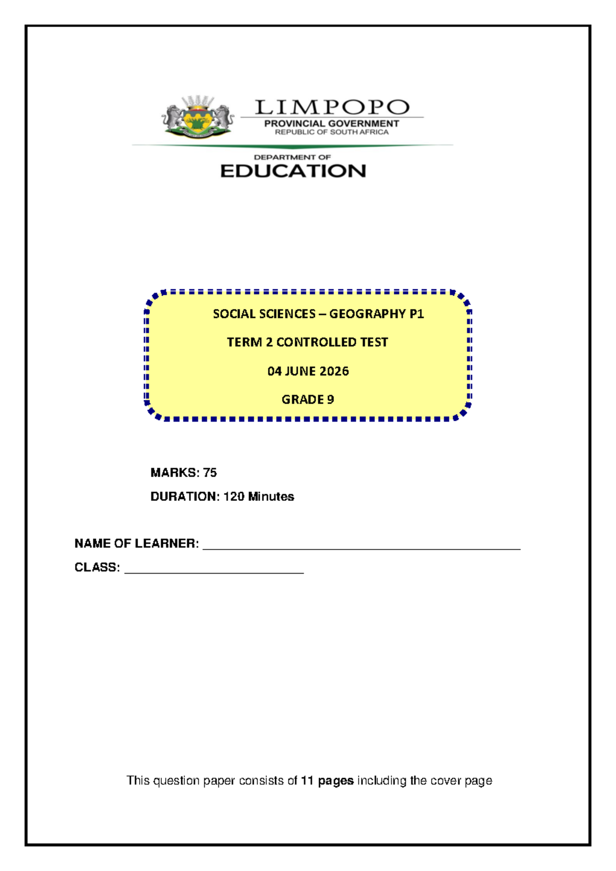 SS Grade 9 Geo Term 2 Controlled Test June 2026 - Studocu