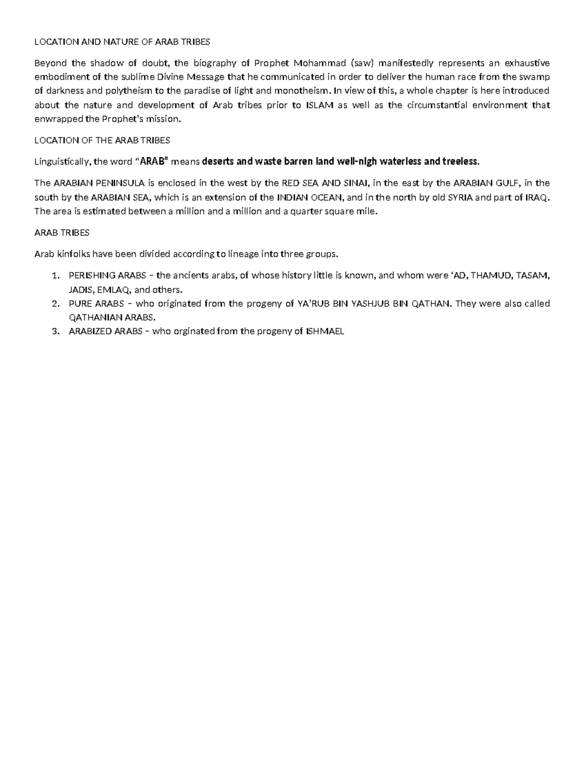 Islam sum - summary of the lecture - LOCATION AND NATURE OF ARAB TRIBES ...