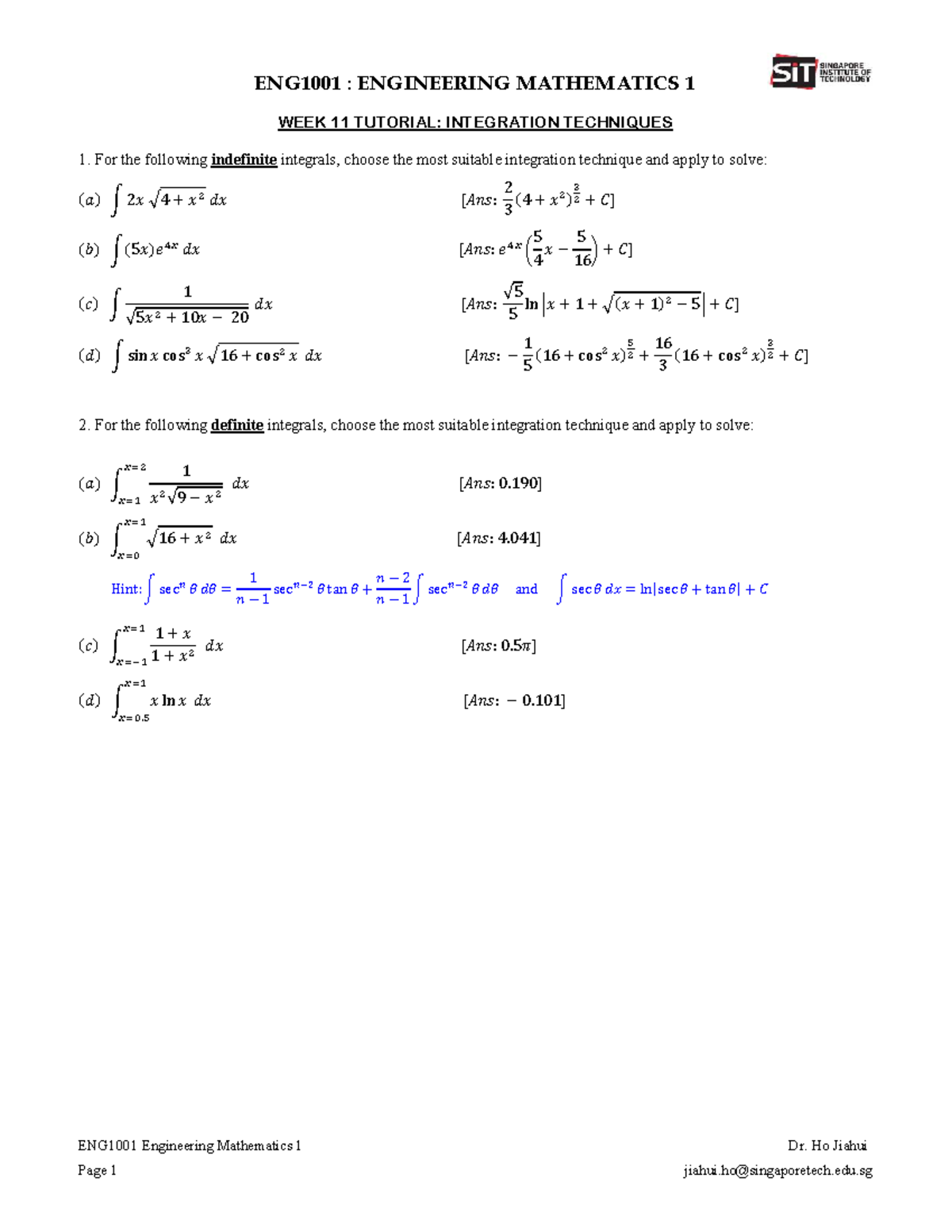 ENG1001 Week 11 Tutorial: Integration Techniques - Studocu