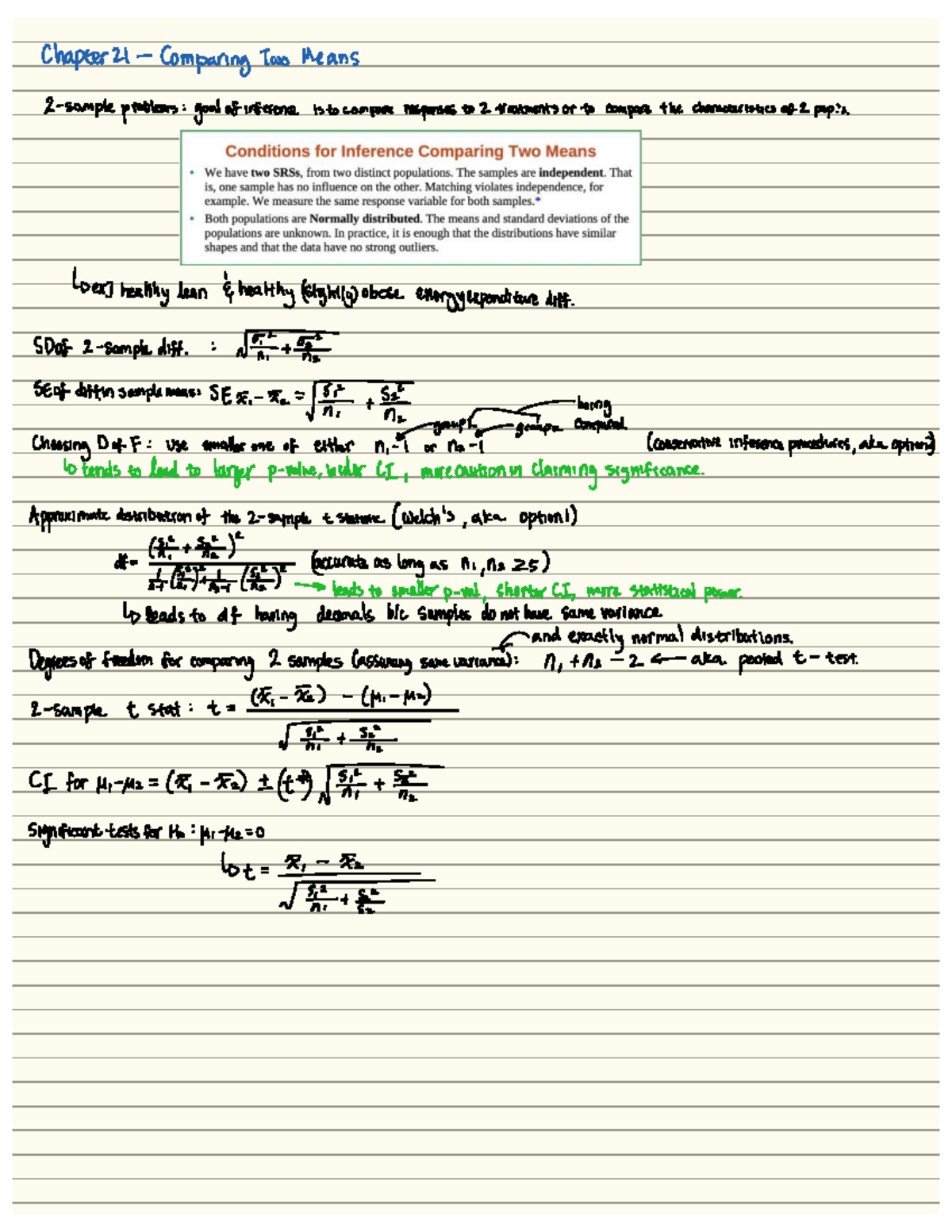 STAT 201 Ch 21 Notes: Comparing Two Means Inference Summary - Studocu