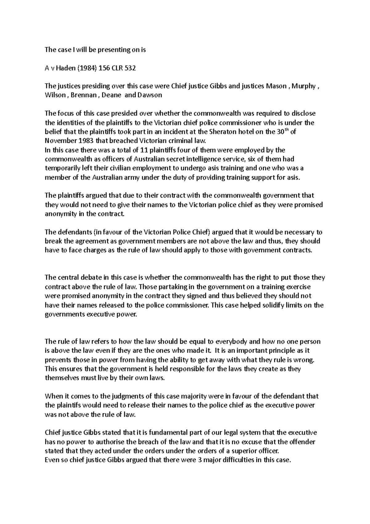 A v Haden Case Analysis: Confidentiality vs. Rule of Law - Studocu
