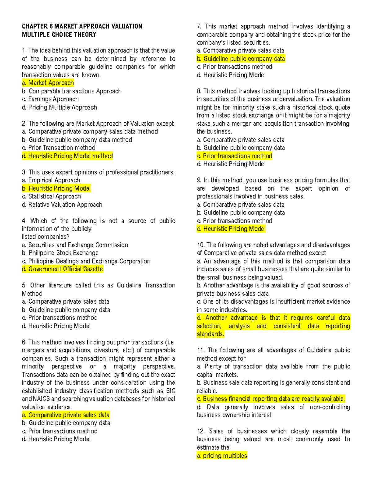 CHAPTER 6-7 MARKET APPROACH VALUATION & OTHER CONCEPTS MCQs - Studocu
