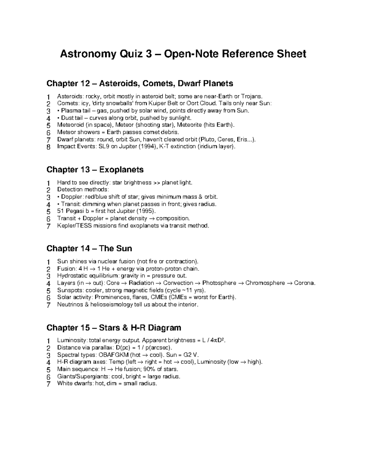 Astronomy Quiz 3 Notes: Asteroids, Comets, Exoplanets, and Stars - Studocu