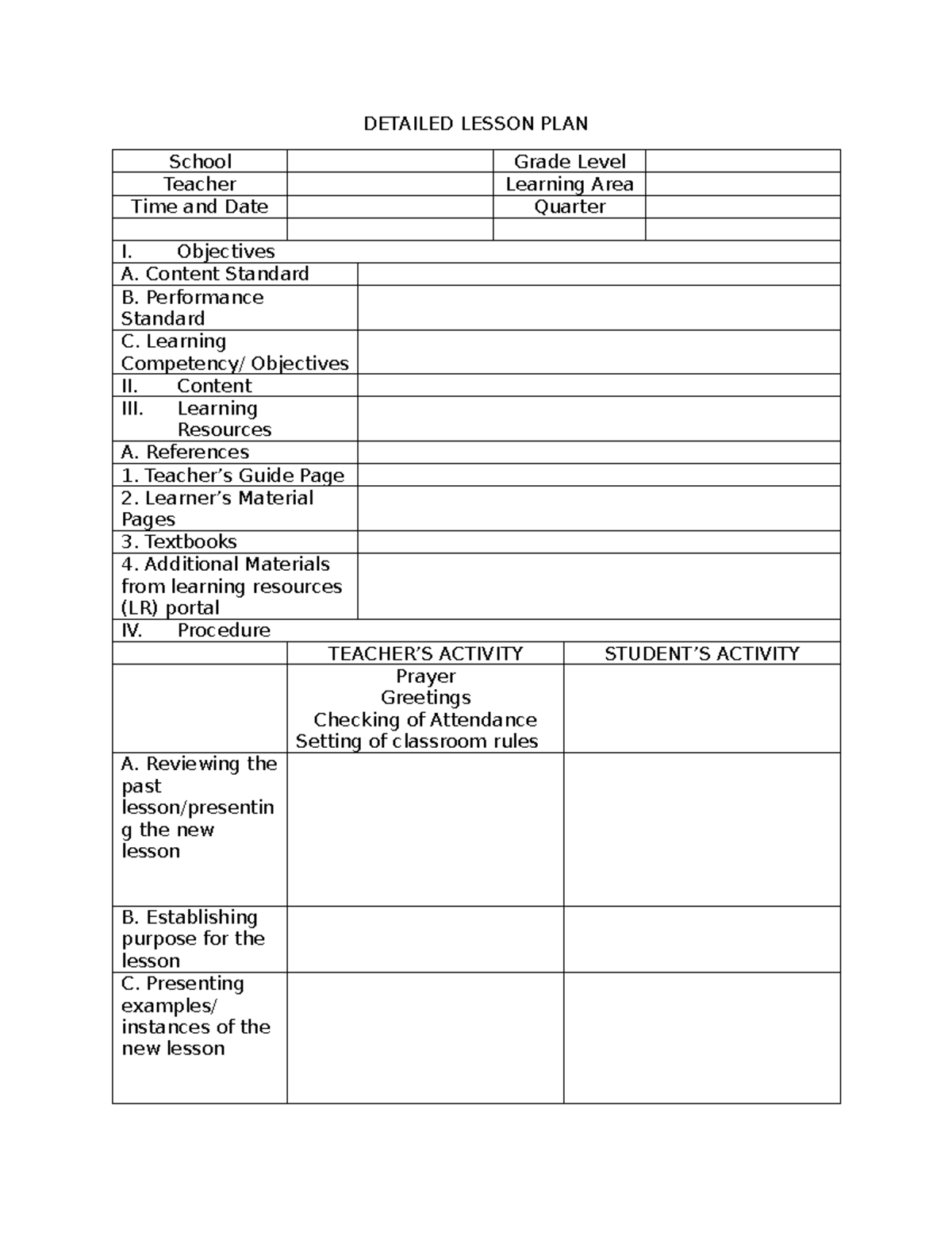 DLP: Detailed Lesson Plan for Grade Level - Quarter I - Studocu
