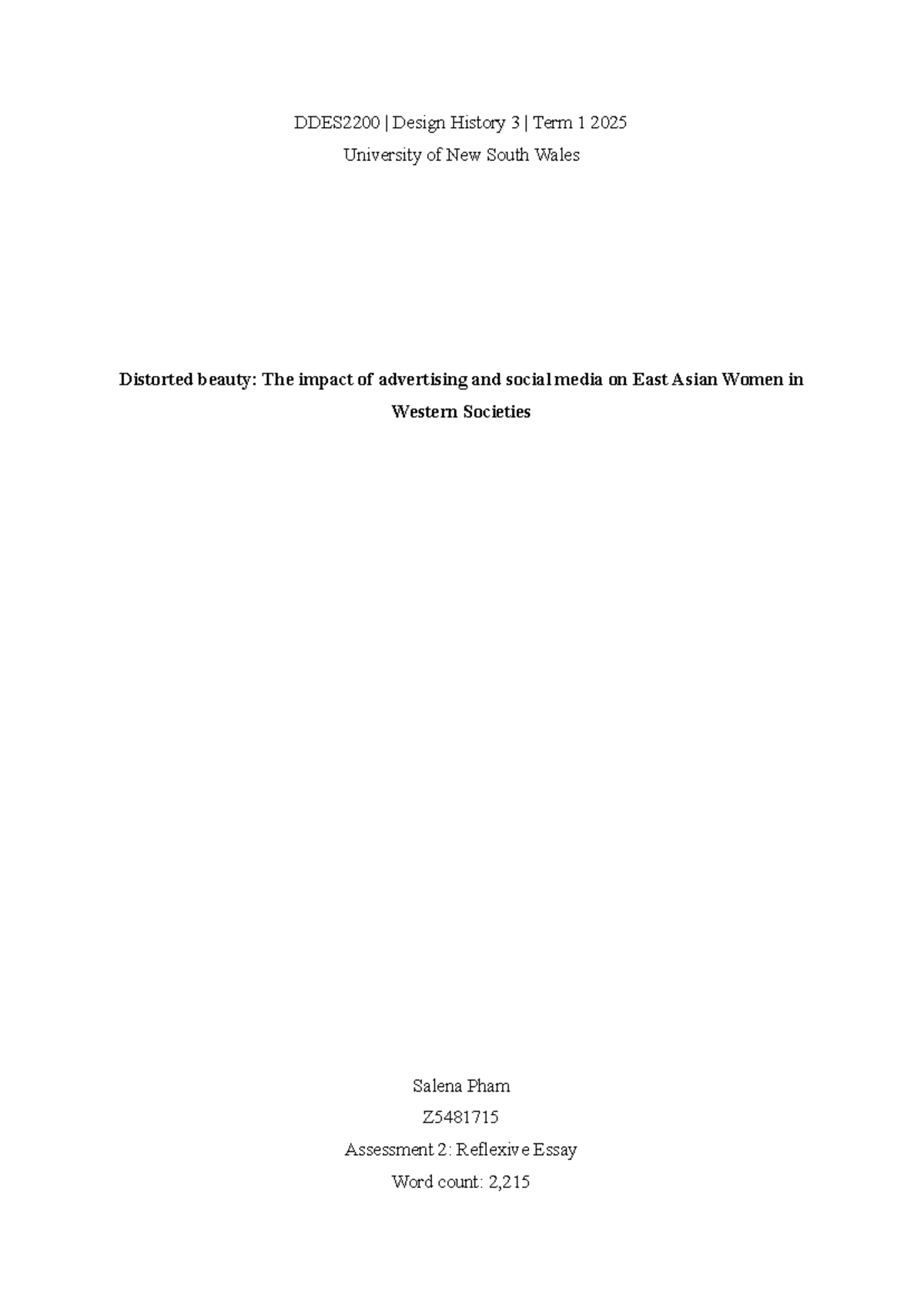 DDES2200 Assessment 2: Reflexive Essay on Beauty Standards in ...
