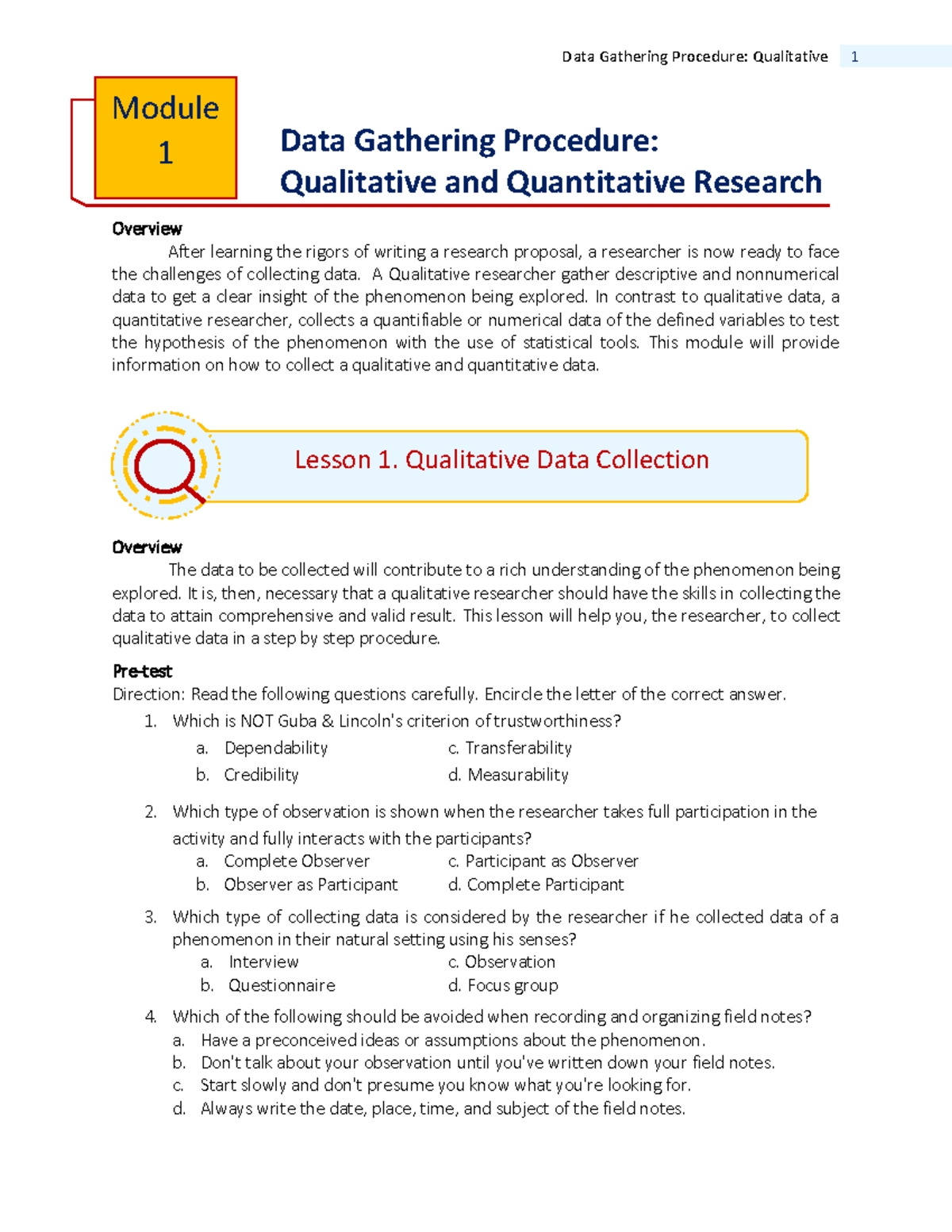 Research I: Module-1-Lesson-1-Qualitative-Data-Collection Research 1 ...
