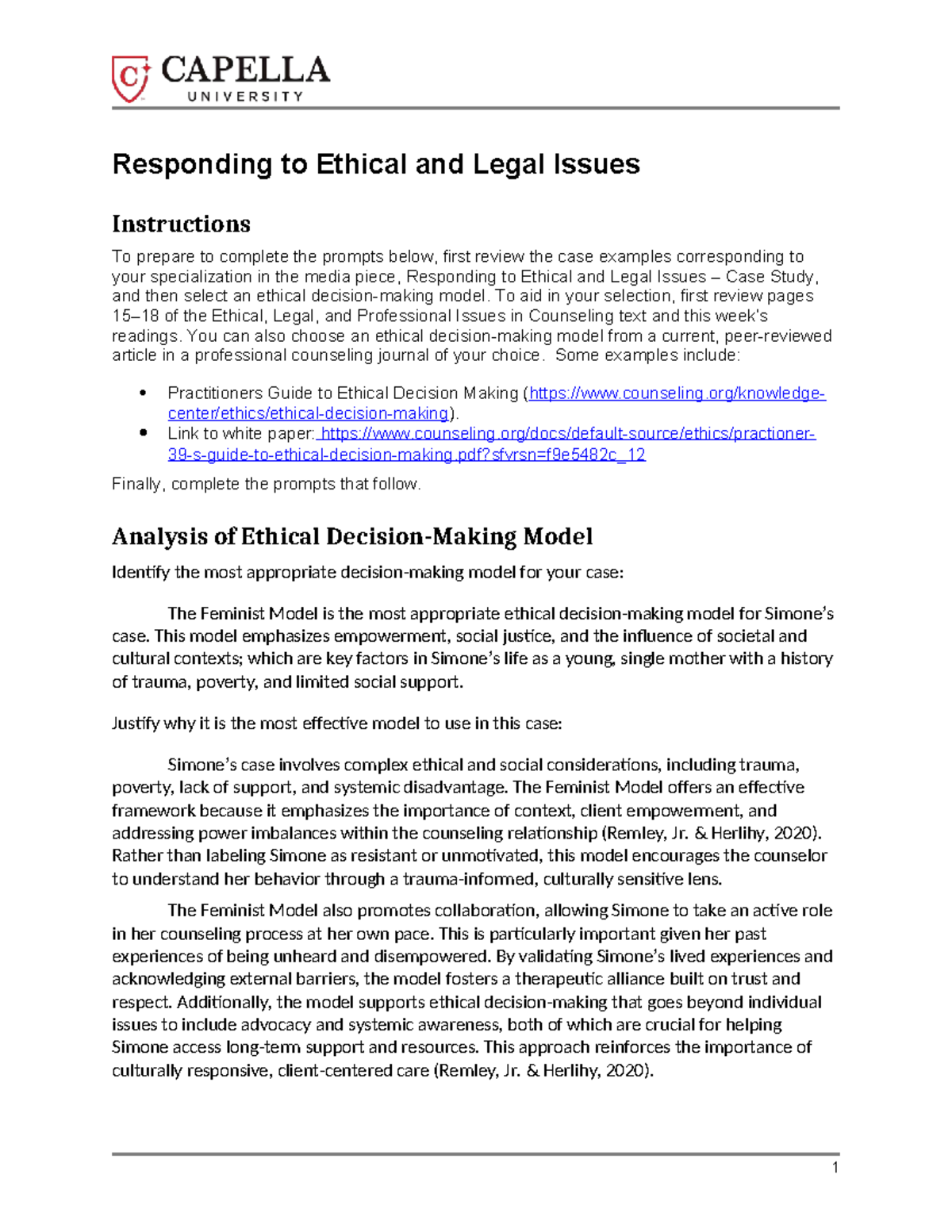 CF 3: Responding to Ethical & Legal Issues in Counseling Case Study ...