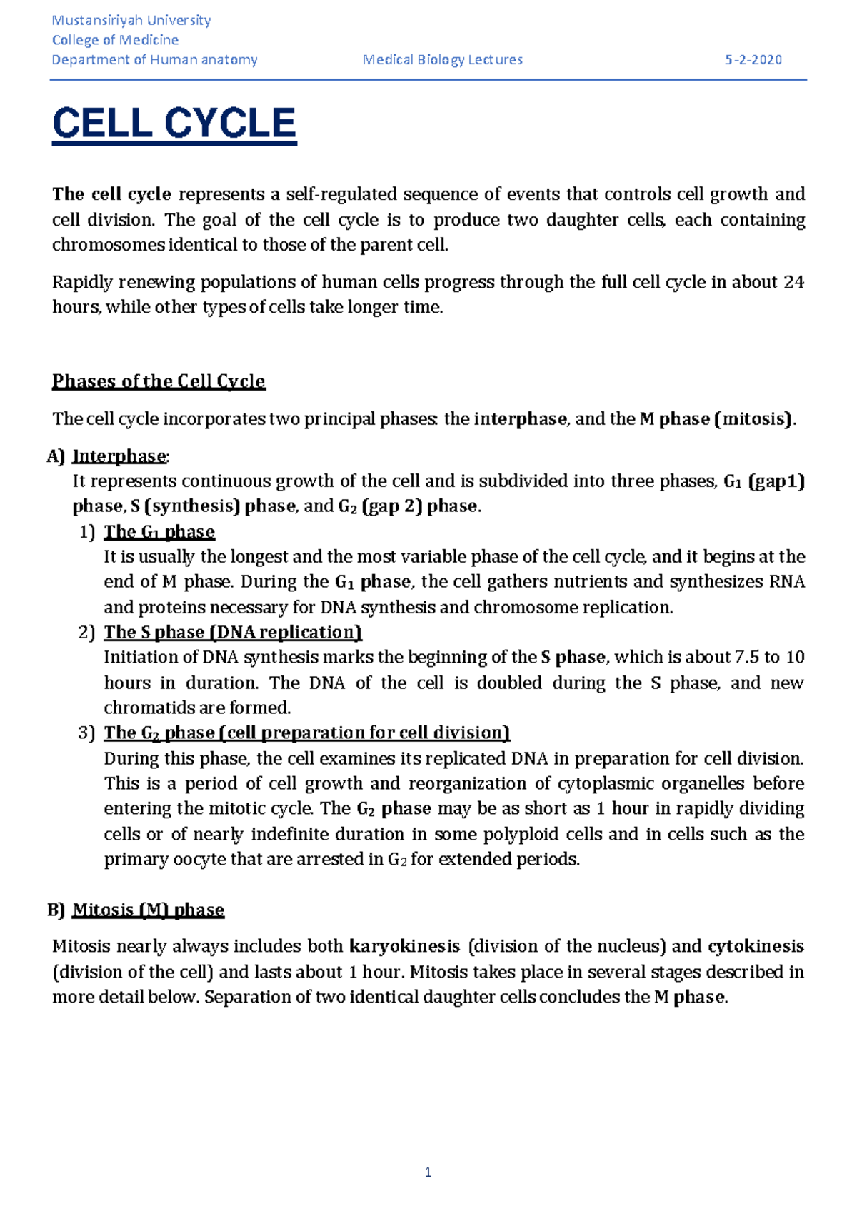 Cell Cycle and Meiosis Lecture Notes - Med Bio 5-2 - Studocu