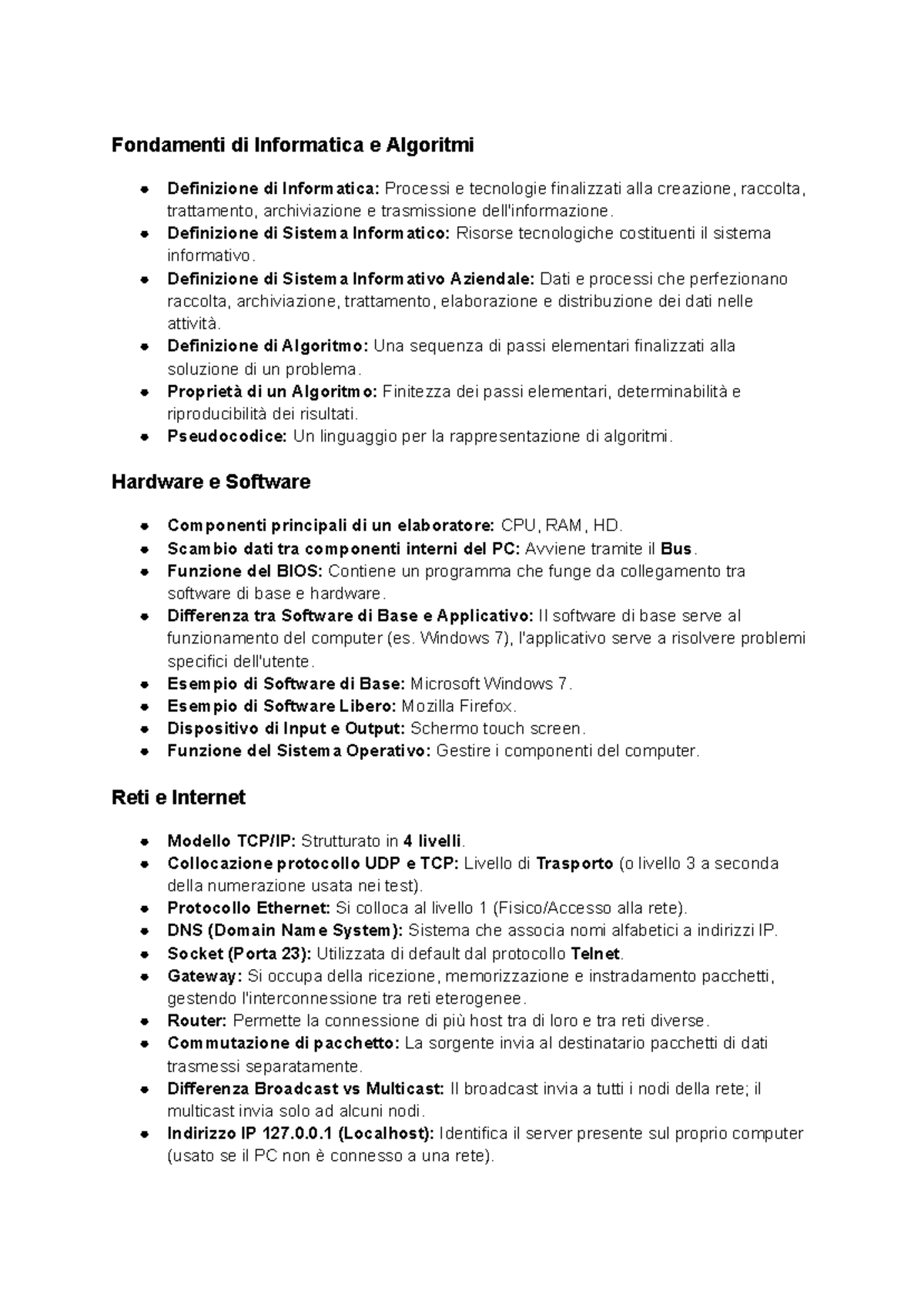 Fondamenti di Informatica e Algoritmi: Definizioni e Concetti Chiave ...