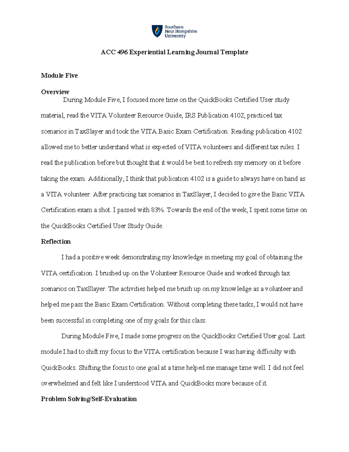 ACC 496 Experiential Learning Journal: Module Five Reflection - Studocu
