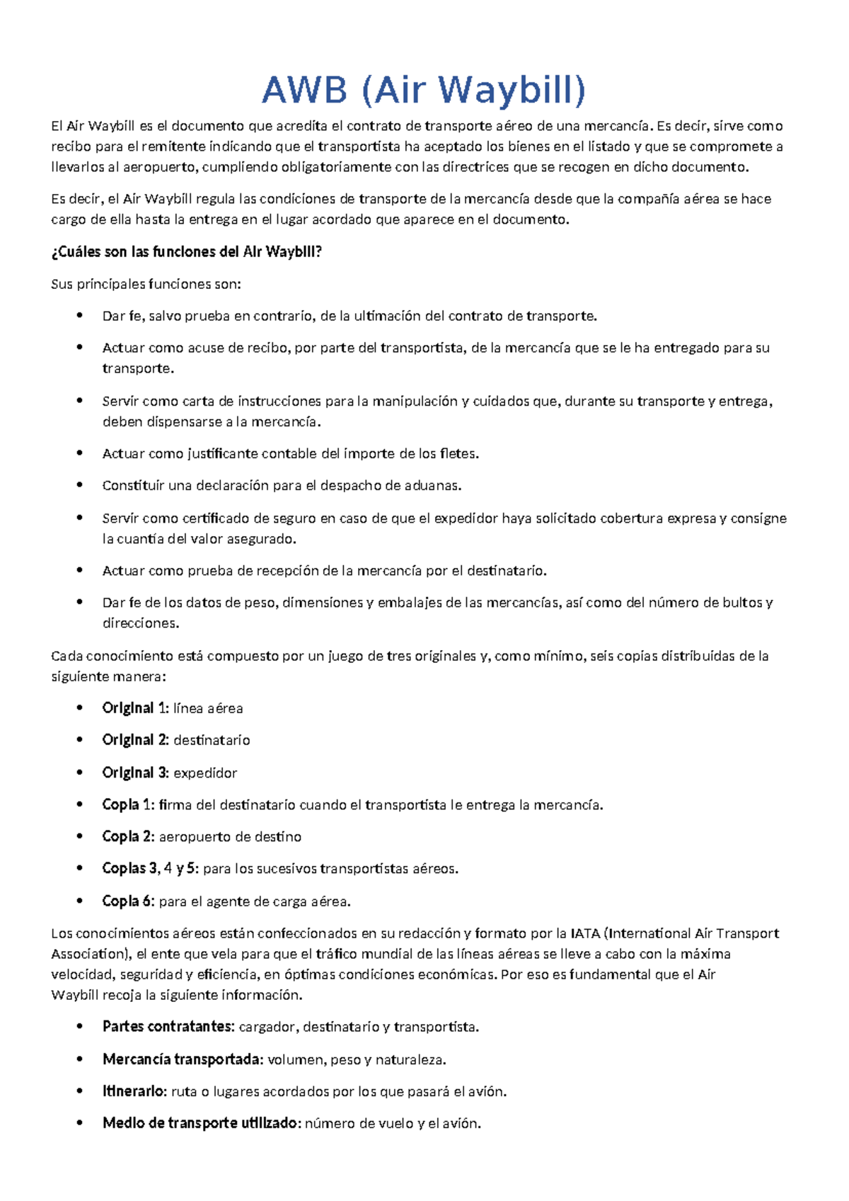 AWB - Explicación breve de un Air Waybill - AWB (Air Waybill) El Air ...