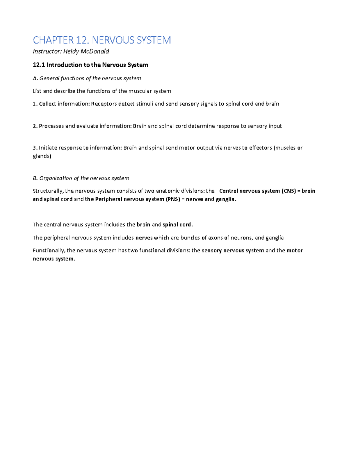 Nervous System Overview: Key Concepts & Functions (Course CODE) - Studocu