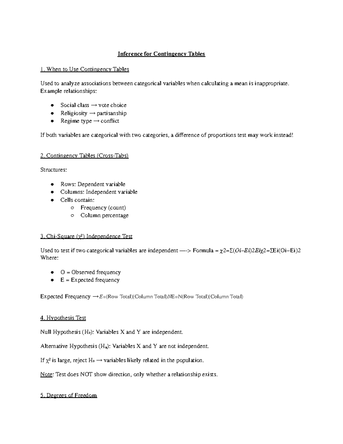 Cheat Sheet W8: Inference for Contingency Tables - Key Concepts - Studocu