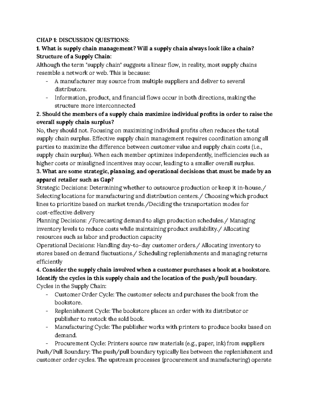 CHAP 1: SUPPLY CHAIN MANAGEMENT DISCUSSION QUESTIONS & INSIGHTS - Studocu