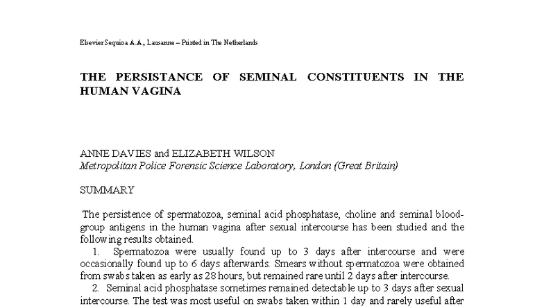 Study on the Persistence of Seminal Constituents in Human Vagina - Studocu