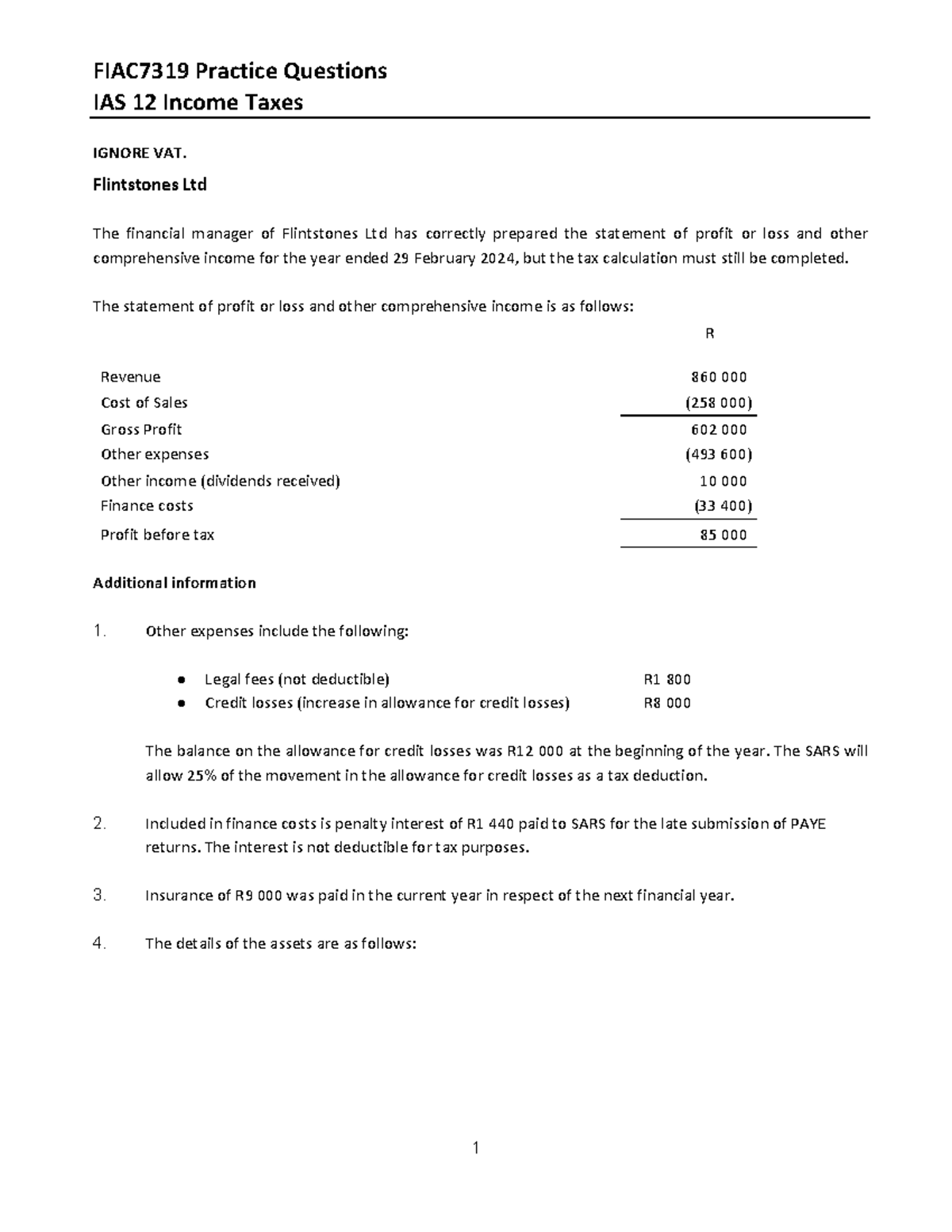 FIAC7319 IAS 12 Income Tax Practice Questions for Flintstones Ltd - Studocu