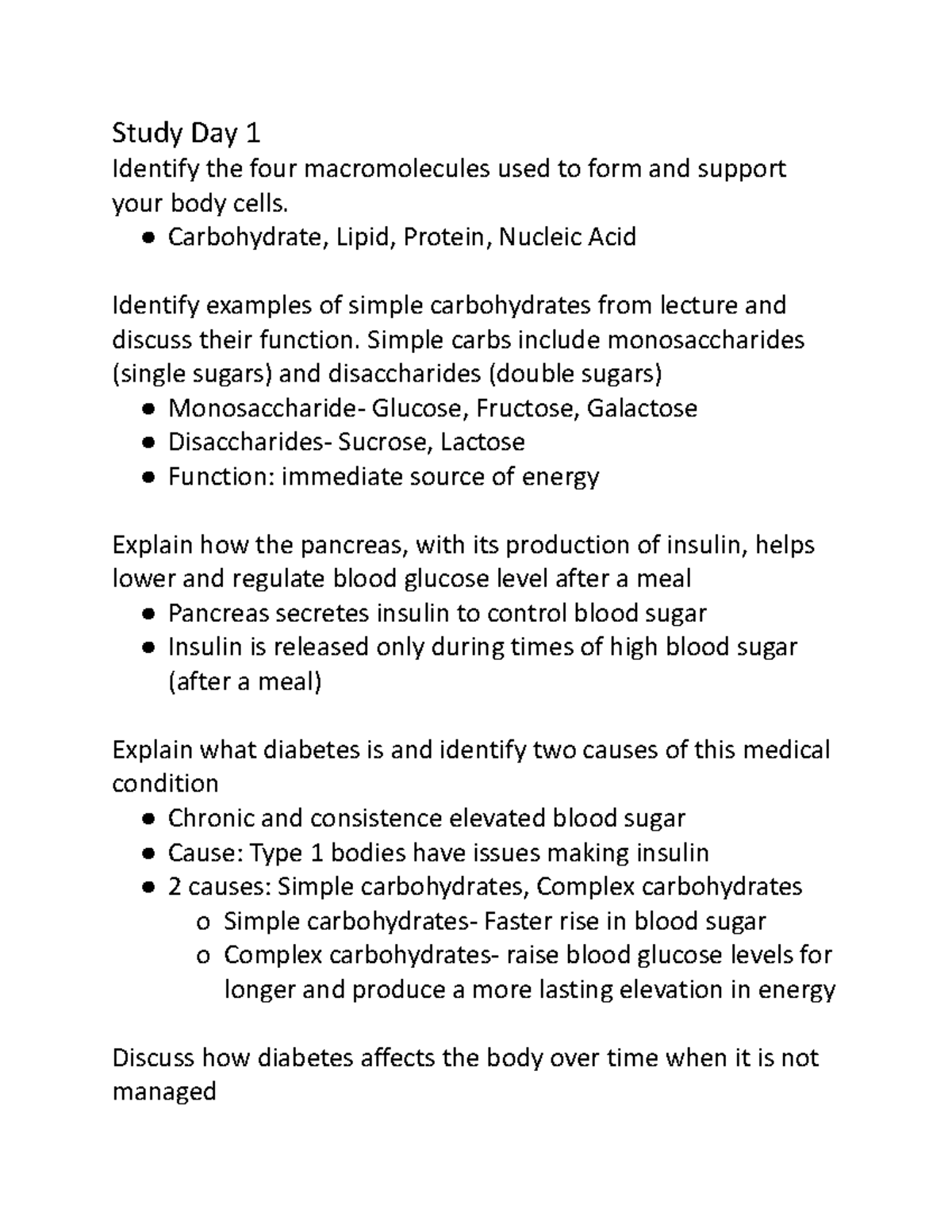 Exam 1- Study Guide - Study Day 1 Identify the four macromolecules used ...