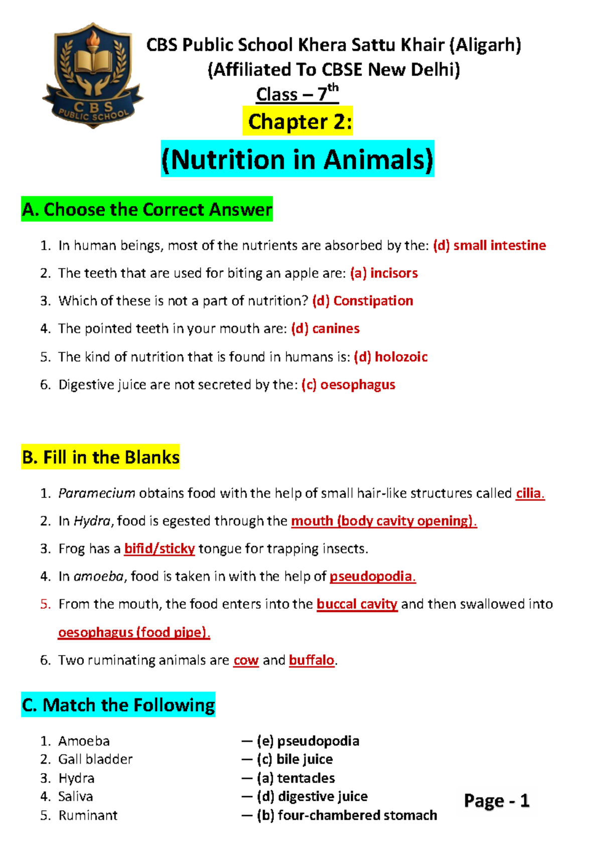 Science Class 7 (CBS) Chapter 2: Nutrition in Animals Notes - Studocu