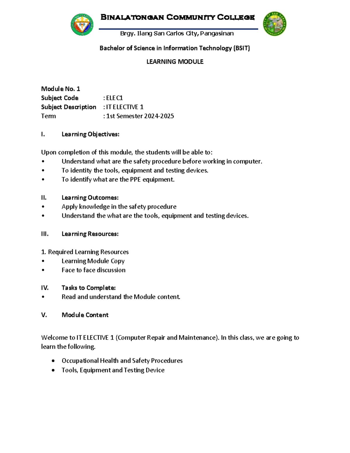 ELEC 1: Learning Module 1 on Safety Procedures in IT Maintenance - Studocu