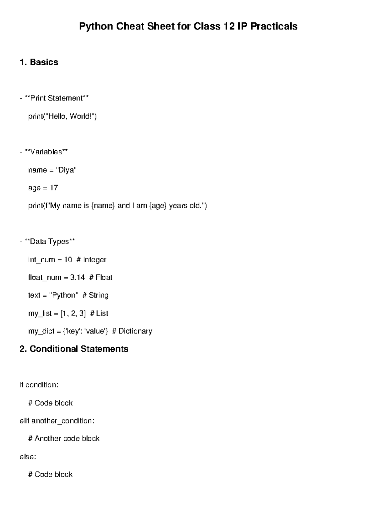 Python Cheat Sheet for Class 12 IP Practicals - Studocu