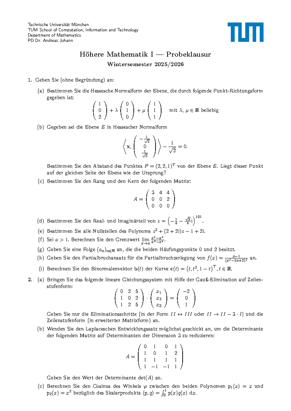 Probeklausur Höhere Mathematik I (TUM) Wintersemester - Studocu