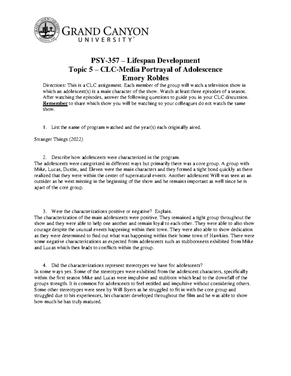 PSY 357 CLC Media Portrayal of Adolescence: Analysis of ...